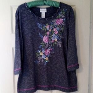 Alfred Dunner Navy Floral Embroidered Long Sleeve Top